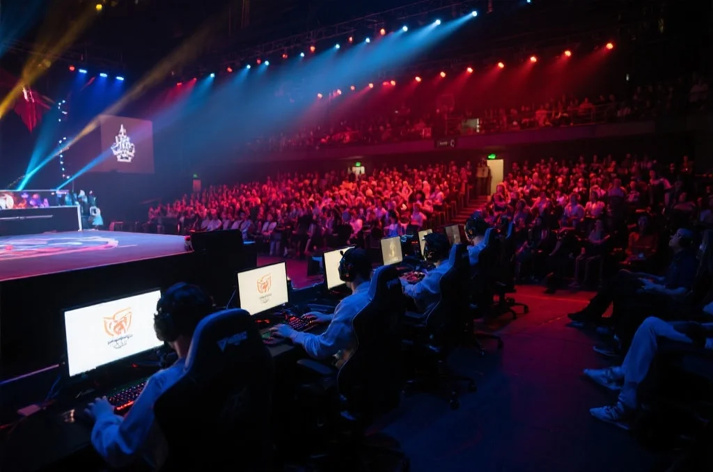 电竞比赛现场,选手们专注操作电脑屏幕,观众席座无虚席,灯光炫目,氛围紧张