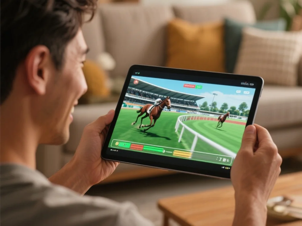 在平板电脑上观看虚拟赛马的休闲场景